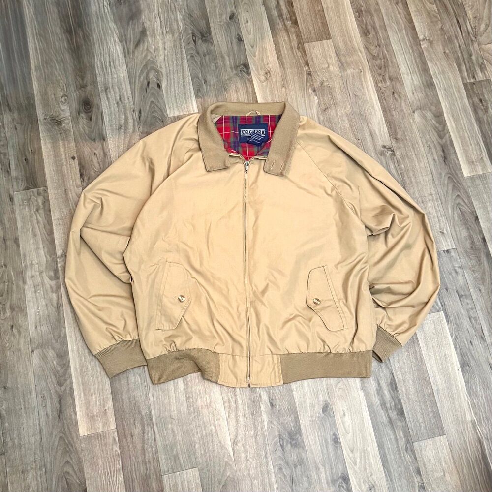 Lands' End Harrington Plaid Lined Barn Jacket Tan Vintage Bomber Large